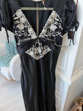 Free People Black Satin Slip Dress with Contrast Tag